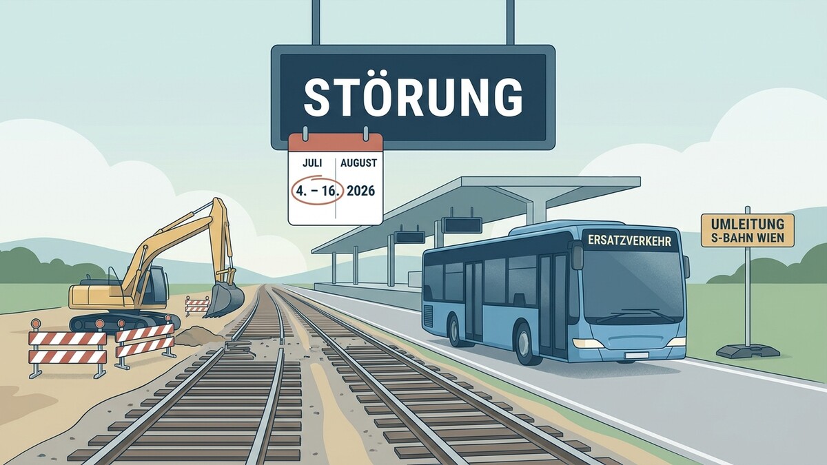 S-Bahn Wien Störung: Baustelle mit Bagger, Ersatzverkehr-Bus und Umleitungsschild