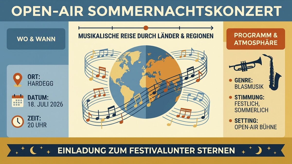 Open-Air Sommernachtskonzert in Hardegg am 18. Juli 2026 mit Blasmusik und Weltkarte.