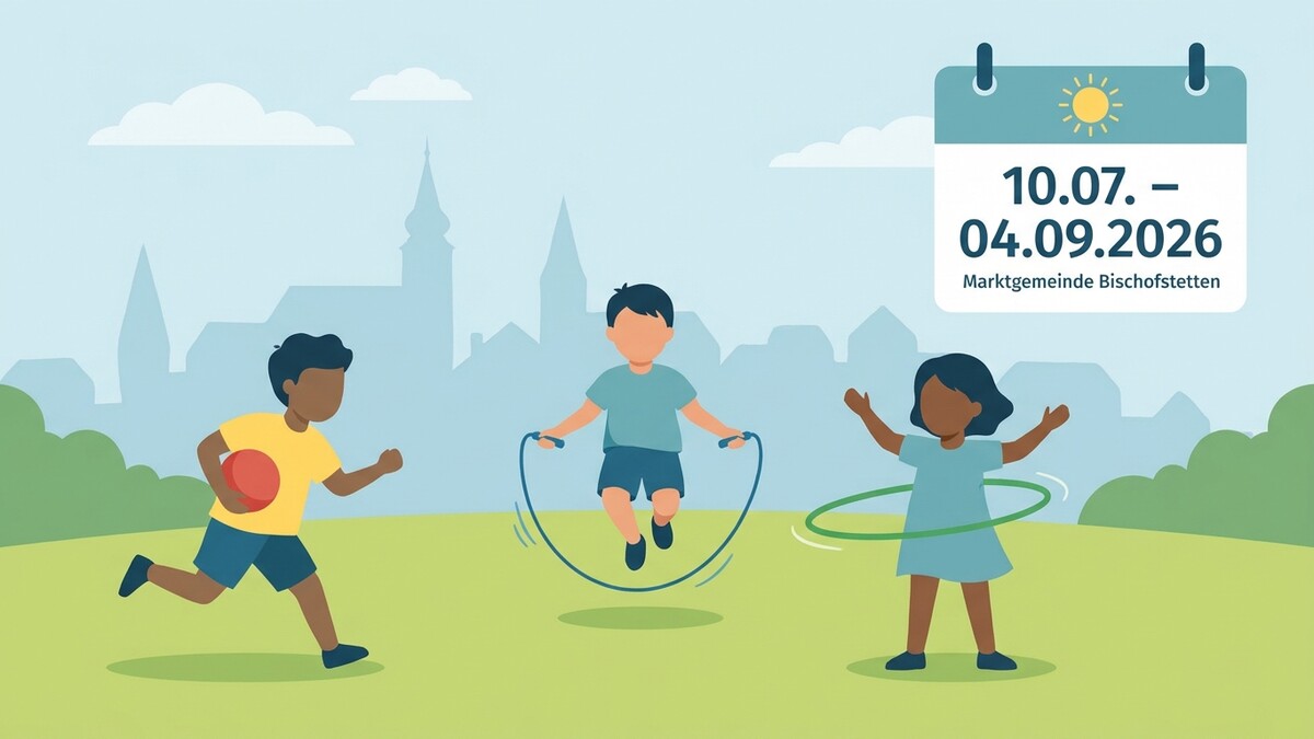 Kinder spielen mit Ball, Seil und Reifen vor Stadtkulisse in Bischofstetten