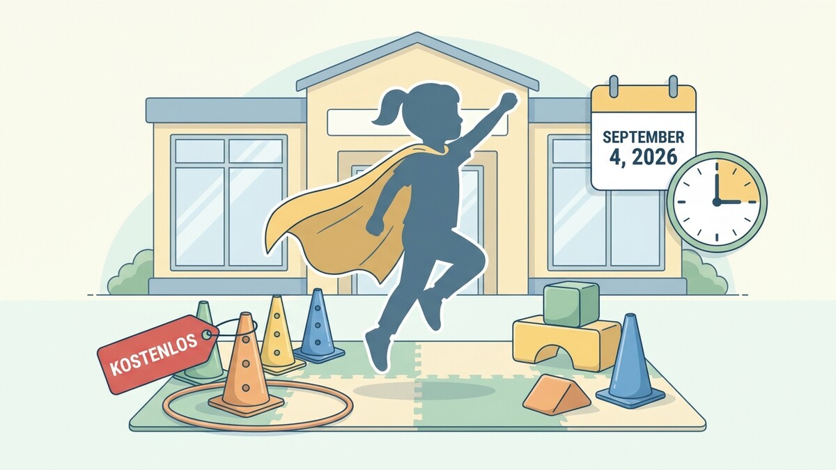 Kind mit Superhelden-Umhang vor Schule, Kalender und Uhr, Spielgeräte, kostenlos