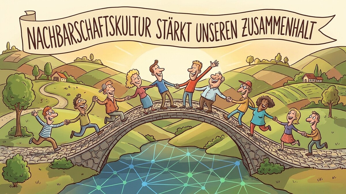 Nachbarschaftskultur stärkt Zusammenhalt: Menschen halten Hände auf Brücke über Fluss mit Netzwerkmuster