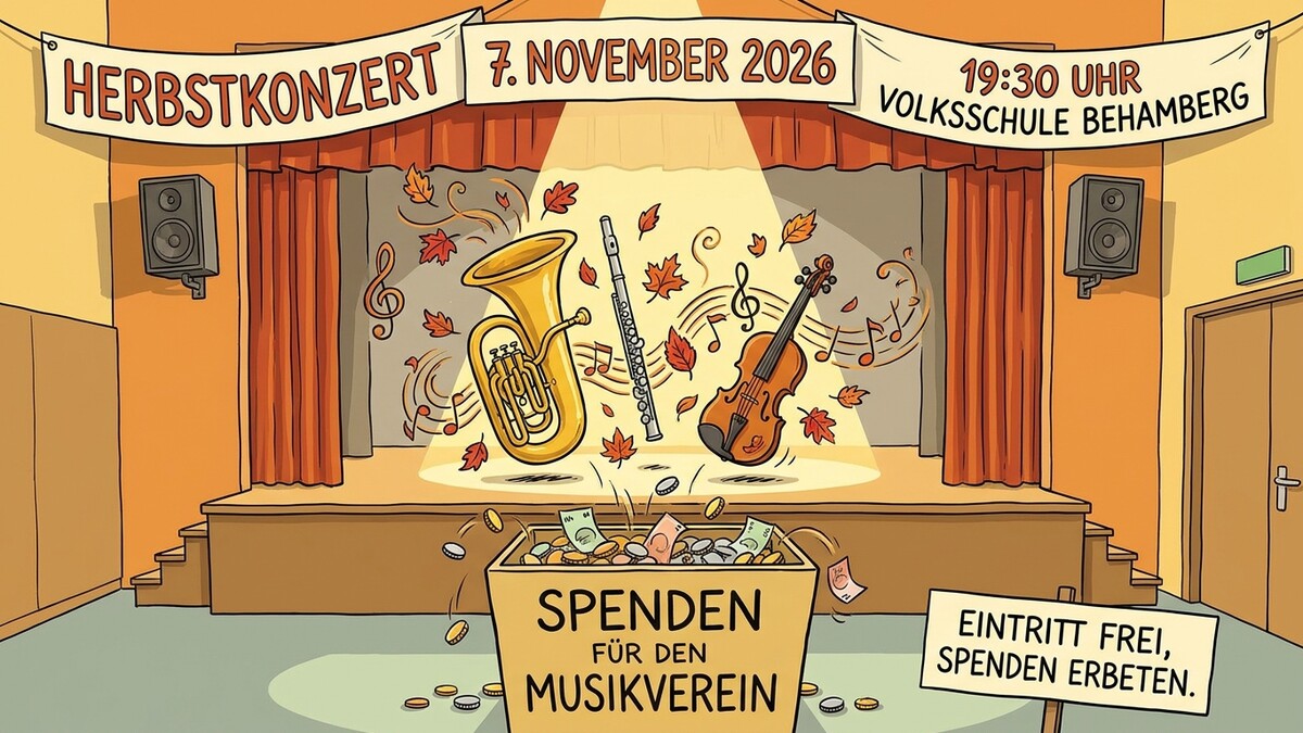 Herbstkonzert 7. November 2026 in Volksschule Behmberg mit Tuba, Flöte, Geige und Spendenbox.