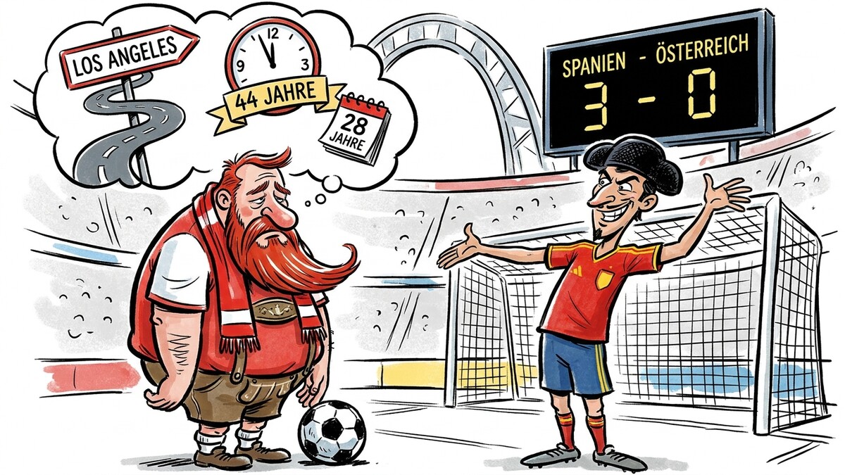 Fußball: Spanischer Spieler feiert 3:0 gegen Österreich, ein trauriger Österreicher denkt an Los Angeles.