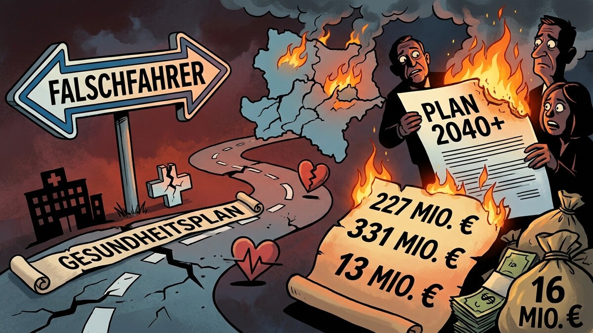Gesundheitsplan in Flammen, Menschen halten brennendes Papier mit Plan 2040+ und Geldsäcken.