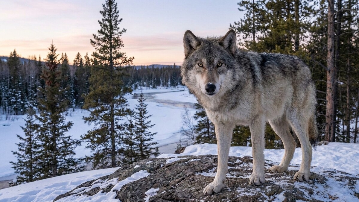 Wolf steht auf Felsen im verschneiten Wald bei Sonnenuntergang