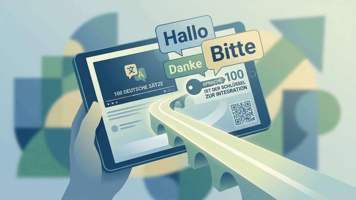 Sprache lernen: Tablet zeigt „100 deutsche Sätze“ und Schlüssel zur Integration.