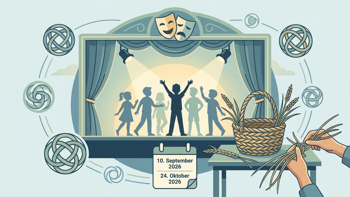 Theateraufführung mit Kindern auf der Bühne, daneben ein Korb mit Getreideähren und Hände, die etwas flechten.