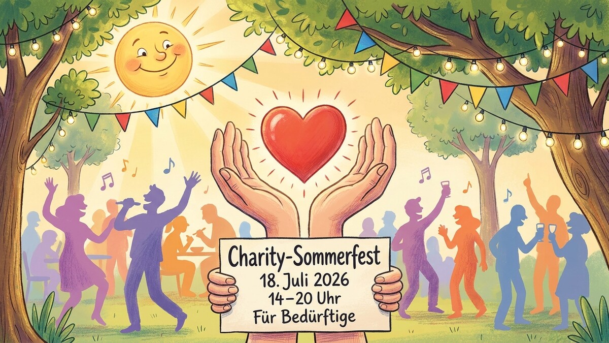 Charity-Sommerfest mit tanzenden Menschen, Sonnenschein und einem Herz in Händen