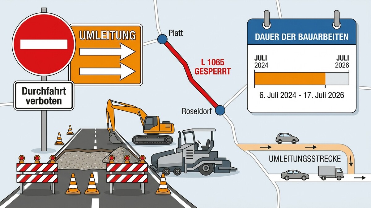 Straßensperre L 1065 zwischen Platt und Roseldorf mit Umleitung und Bauarbeiten von Juli 2024 bis Juli 2026.