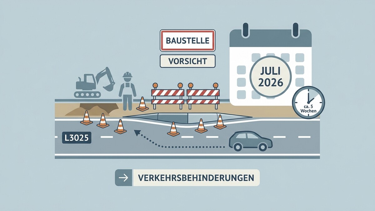 Baustelle L3025 mit Bagger, Bauarbeiter, Absperrungen und Kalender Juli 2026