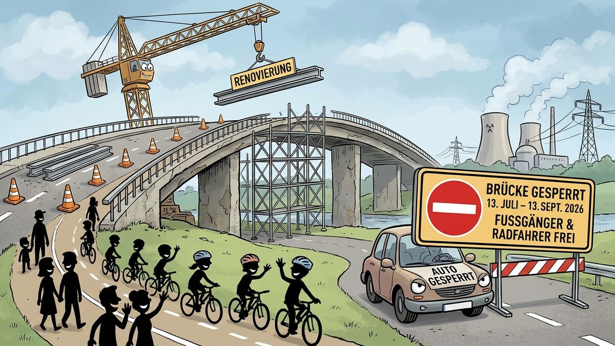 Brücke renoviert mit Kran und Schild "Brücke gesperrt, Auto gesperrt", Radfahrer frei