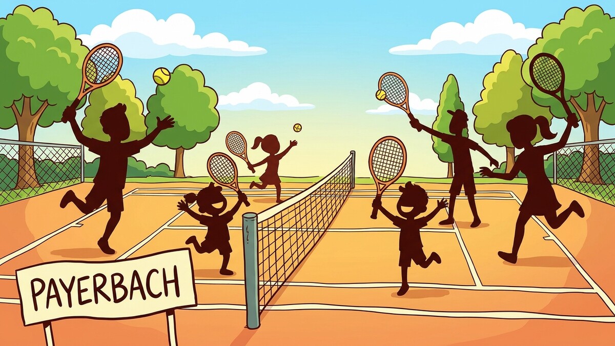 Tennisplätze in Payerbach mit spielenden Kindern im Schatten, Tennisschläger und Ball sind sichtbar.