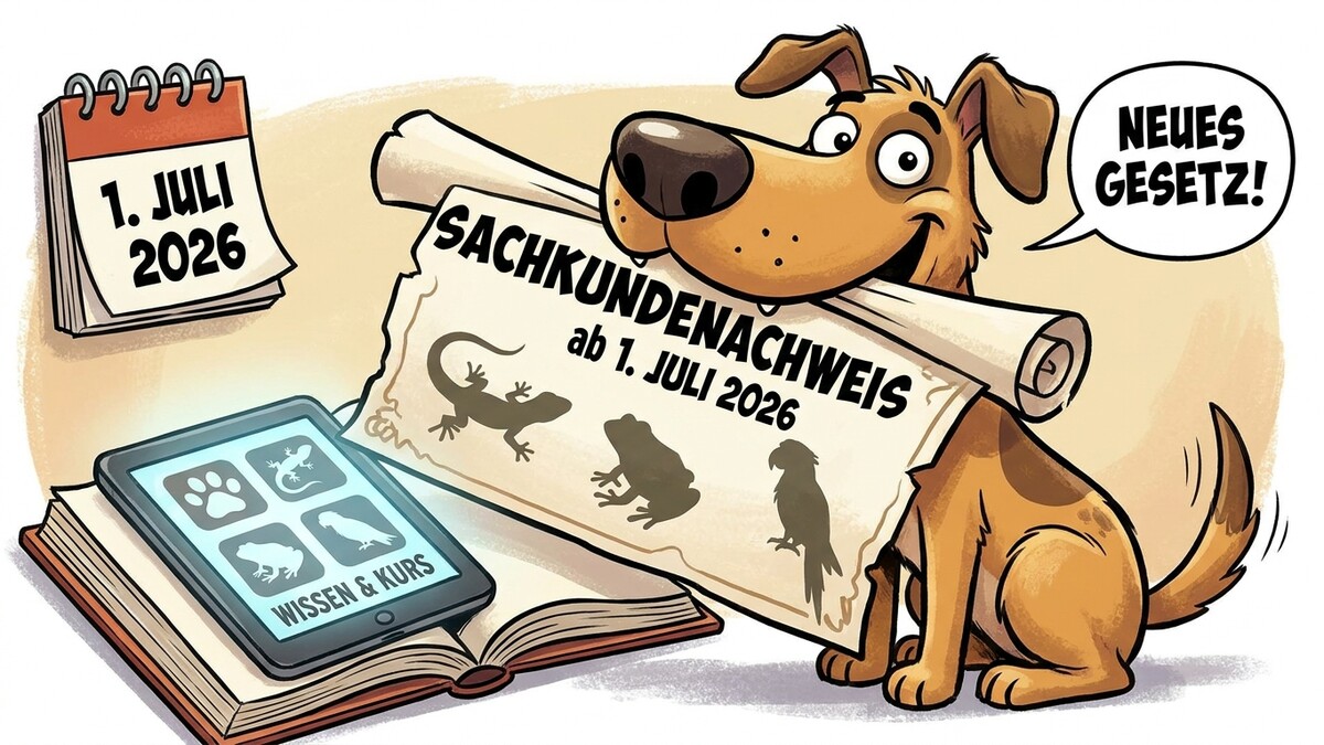 Sachkundenachweis ab 1. Juli 2026: Hund hält Schriftrolle mit Tiersilhouetten, Kalender und Tablet.