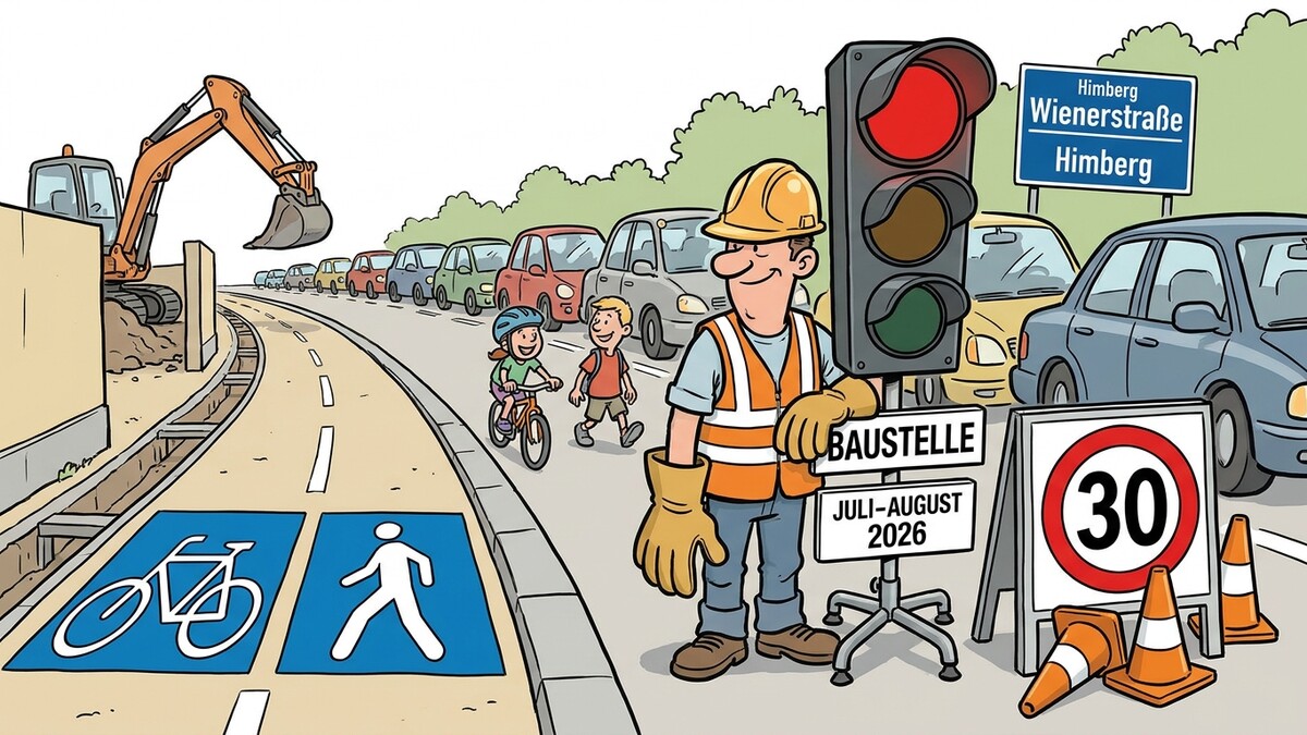 Baustelle in Himberg, Wienerstraße: Bauarbeiter, Kinder, Autos, Radweg, Fußgängerweg und Baustellenampel