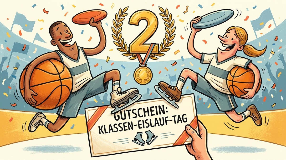 Zwei Gewinner mit Basketball und Frisbee, Gutschein für einen Klasseneislauftag