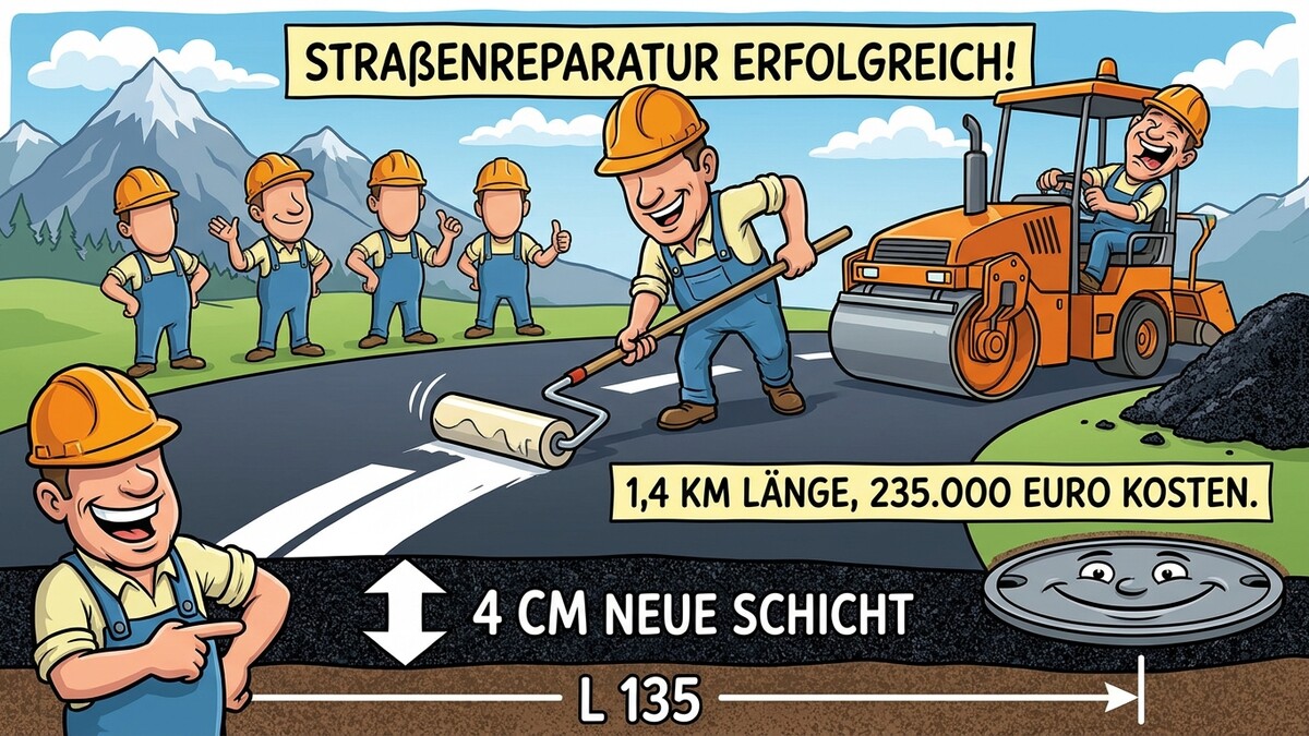 Straßenbauarbeiter mit Walze und Asphalt, Berge im Hintergrund