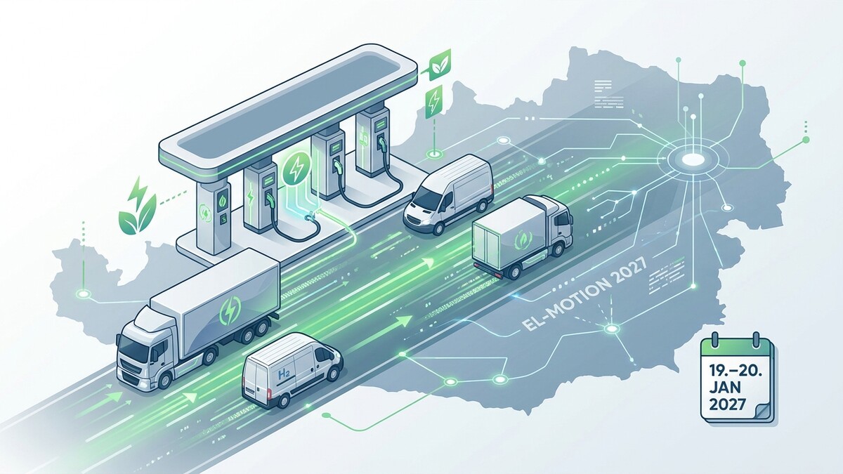 E-LKW und E-Busse laden an einer Ladestation über einer Karte von Österreich, EL-MOTION 2027