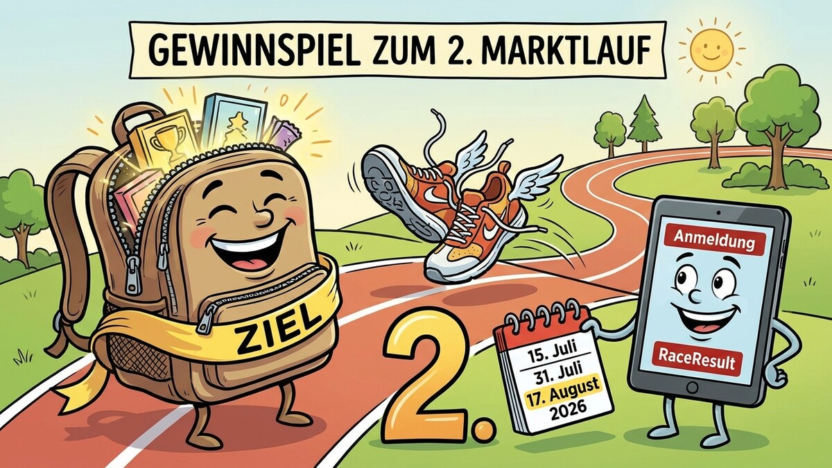 Gewinnspiel zum 2. Marktlauf mit Rucksack, Flügel-Schuhen und Tablet auf Laufbahn