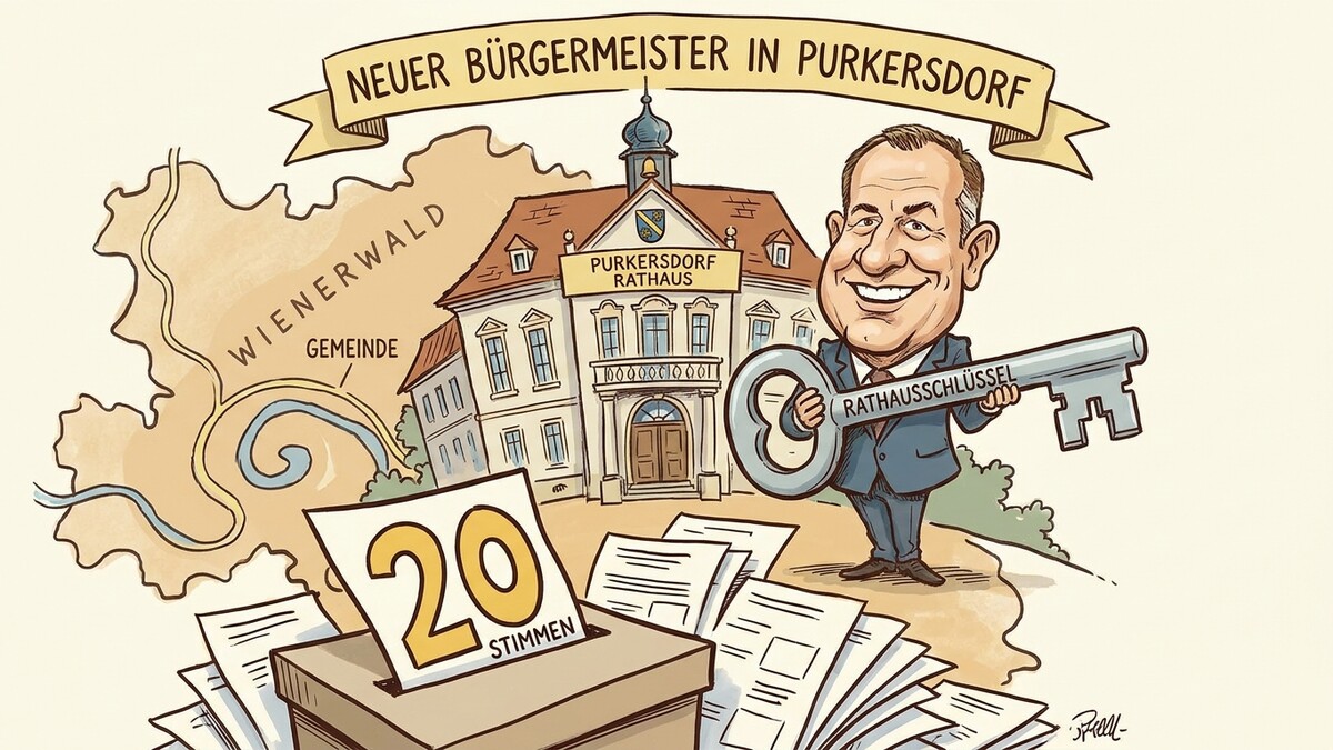 Neuer Bürgermeister von Purkersdorf hält Rathausschlüssel vor dem Rathaus, Wahlurne mit 20 Stimmen daneben