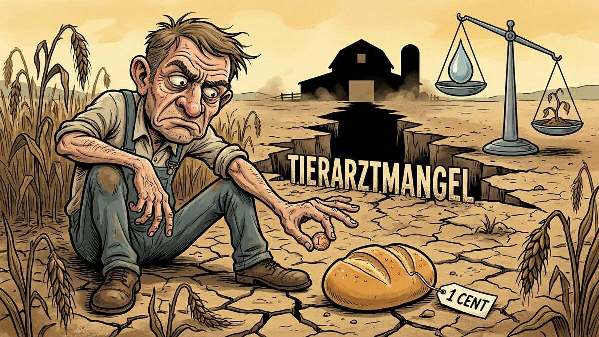 Bauer in dürrem Feld mit Brot und Münze, Waage mit Wassertropfen und Pflanze