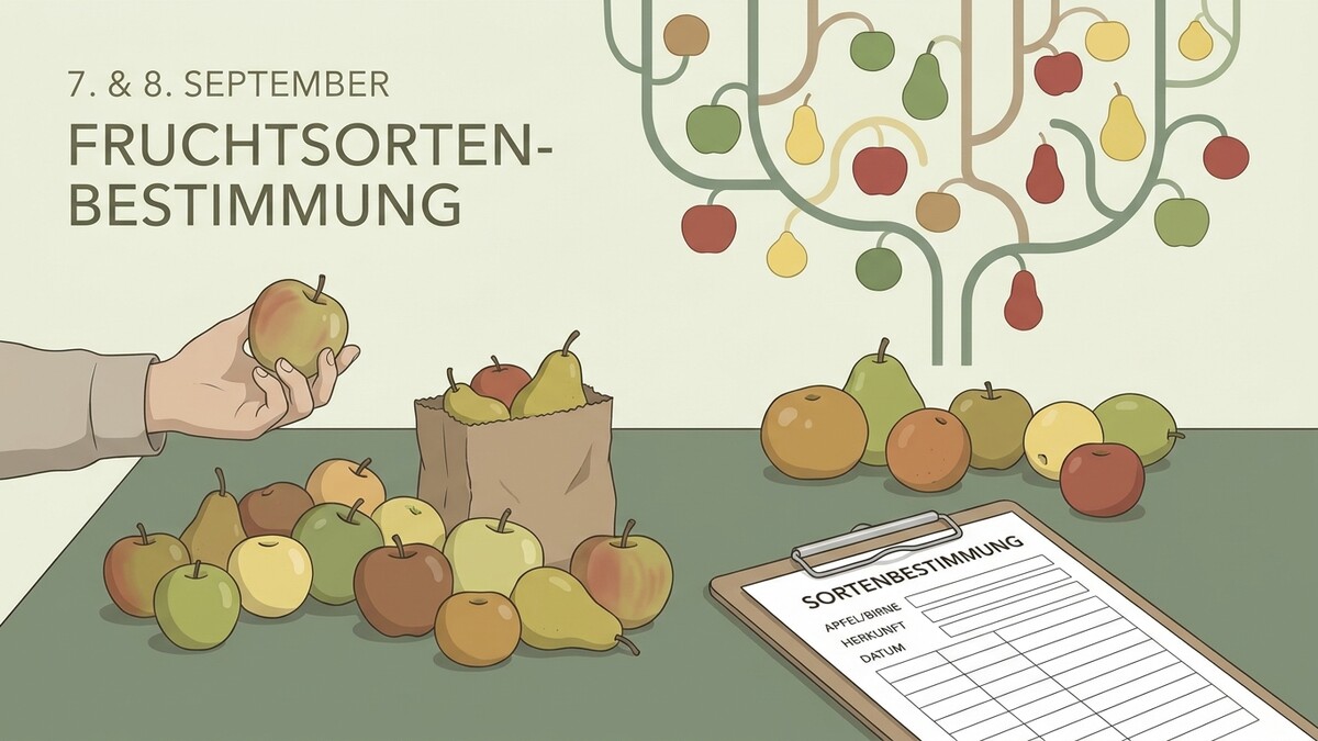 Fruchtsortenbestimmung: Hand hält Apfel, Obst auf Tisch, Papiertüte, Baum mit Früchten, Formular