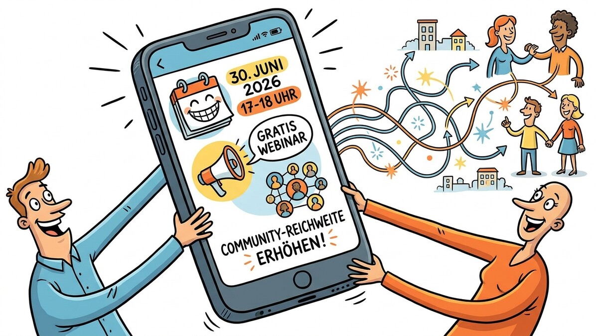 Gratis Webinar „Community-Reichweite erhöhen“ am 30. Juni 2026 mit Menschen und Pfeilen.