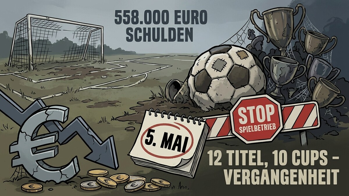 Schulden: Fußballplatz mit Euro-Symbol, Pokalen und Stoppschild