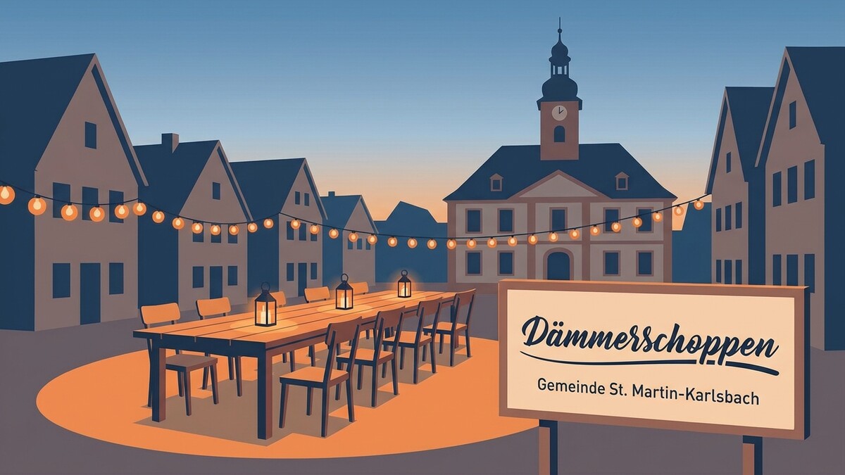Dämmerschoppen Gemeinde St. Martin-Karlsbach, Festtafel mit Lichtern vor Rathaus