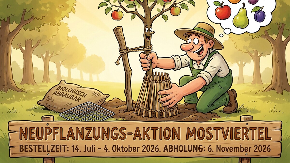 Gärtner pflanzt Obstbaum im Mostviertel, daneben Sack mit biologischem Dünger und Schild.