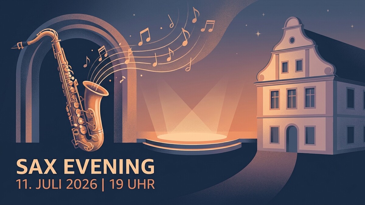 Saxophon vor einem Gebäude mit Noten und Scheinwerfern, Sax Evening 11. Juli 2026