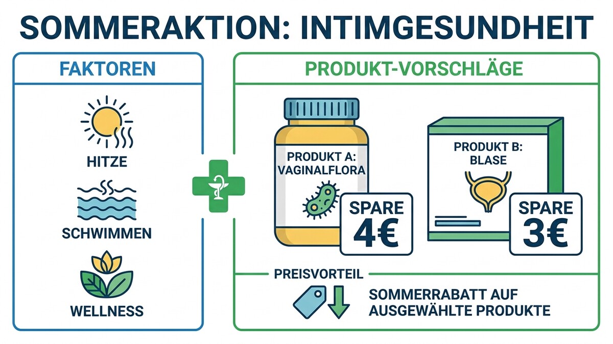 Sommeraktion Intimgesundheit: Faktoren Hitze, Schwimmen, Wellness, Produkt A Vaginalflora und Produkt B Blase mit Rabatt