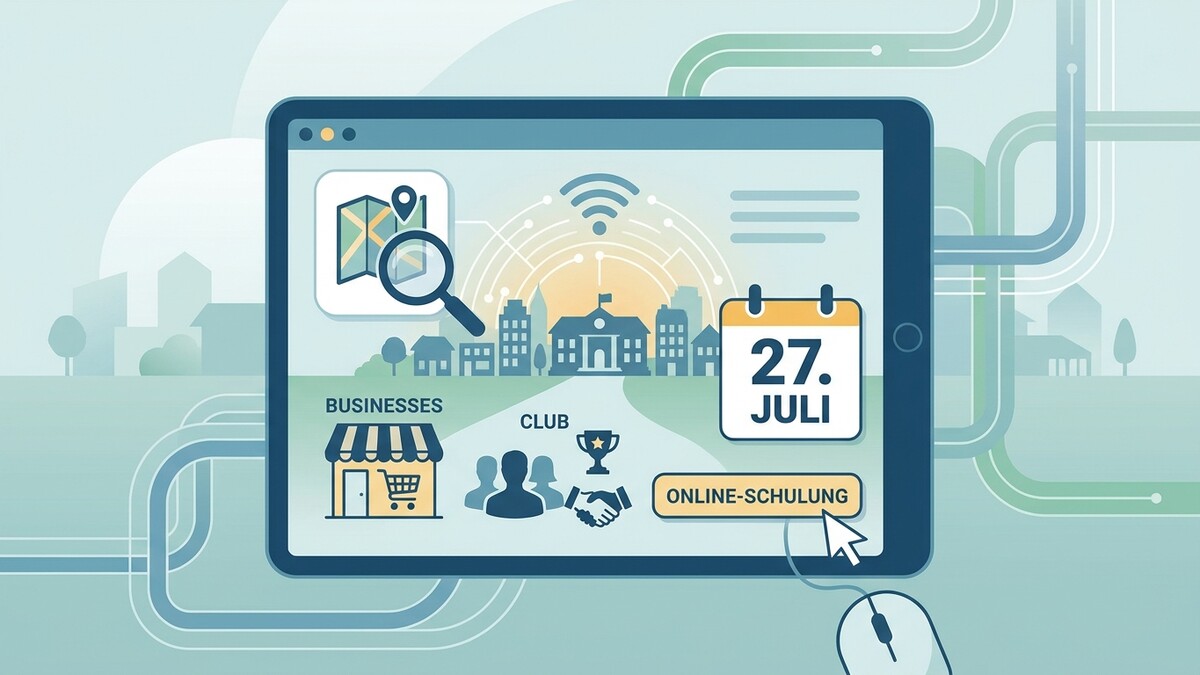 Online-Schulung am 27. Juli mit Symbolen für Geschäfte, Club und Kalender auf Tablet