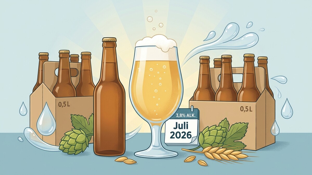 Bierflaschen, Bierglas und Kalenderblatt mit 3,8% Alk. Juli 2026