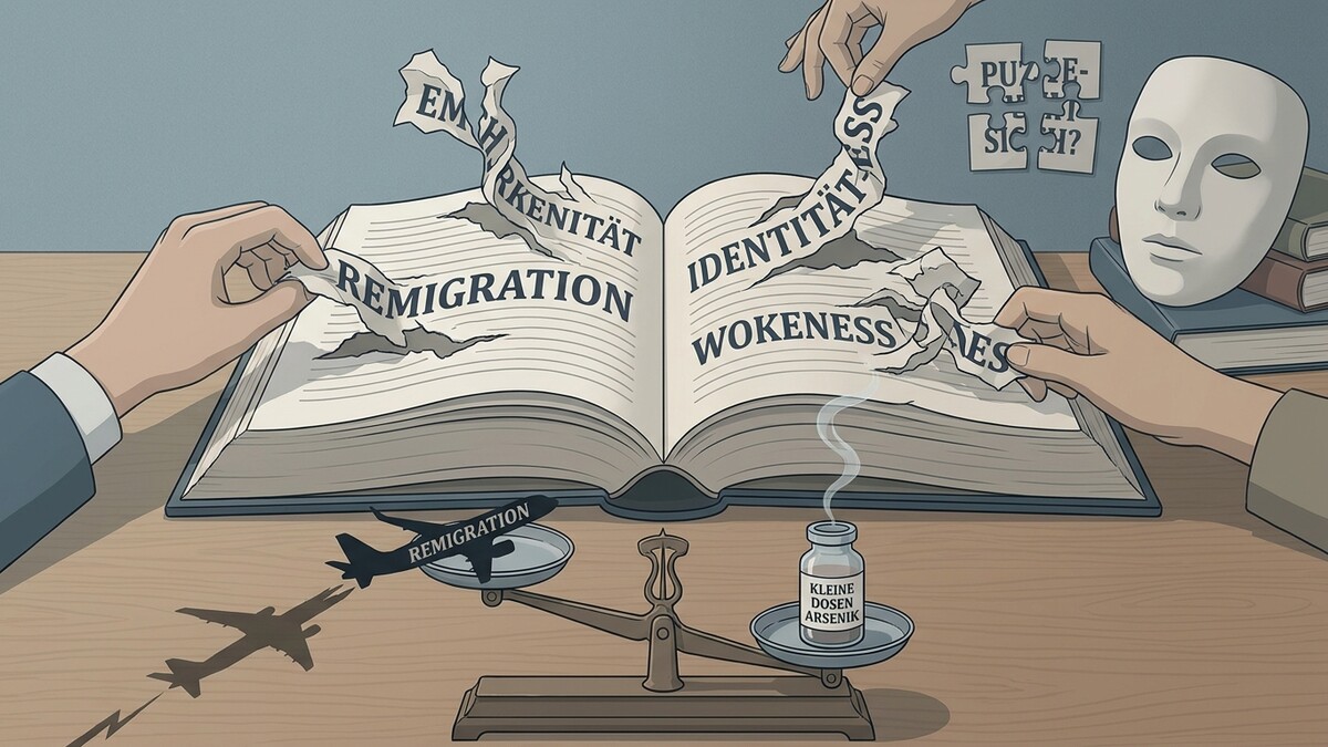 Remigration und Identität werden aus Buchseiten gerissen, Waage mit Flugzeug und Arsenik.