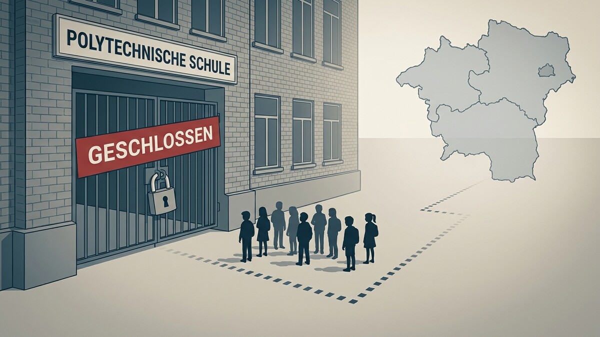 Polytechnische Schule mit rotem Schild "GESCHLOSSEN" und Kindern vor dem Tor.