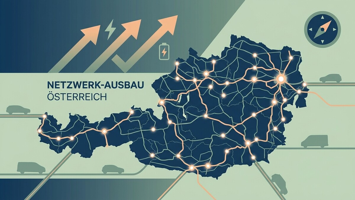 Netzwerk-Ausbau Österreich: Karte mit Stromleitungen, Autos und Pfeilen
