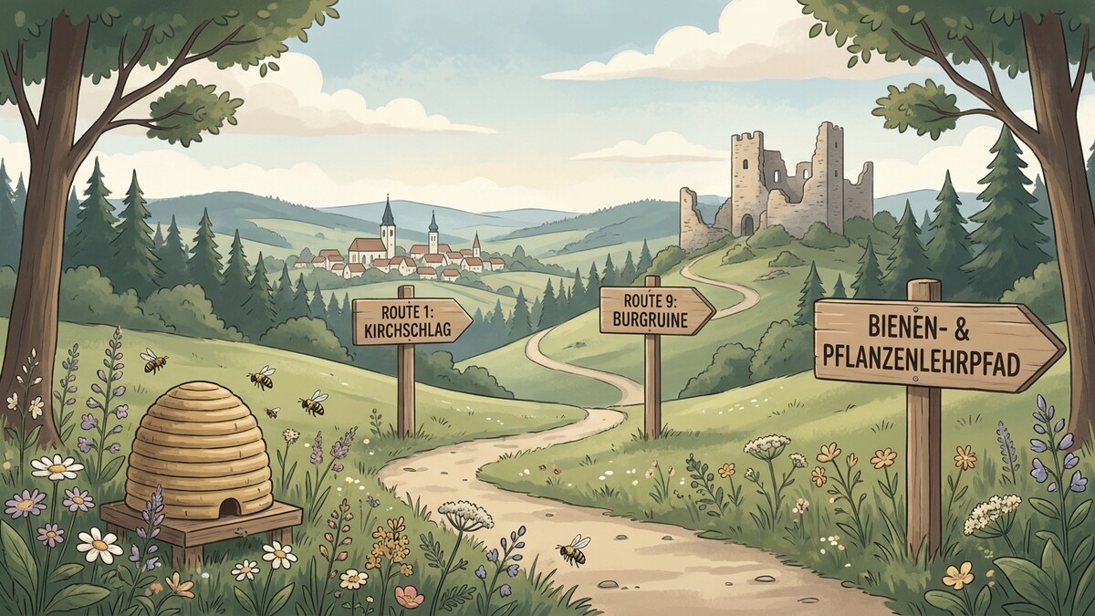 Bienenstock und Wegweiser zum Bienen- & Pflanzenlehrpfad, Kirschschlag und Burgruine