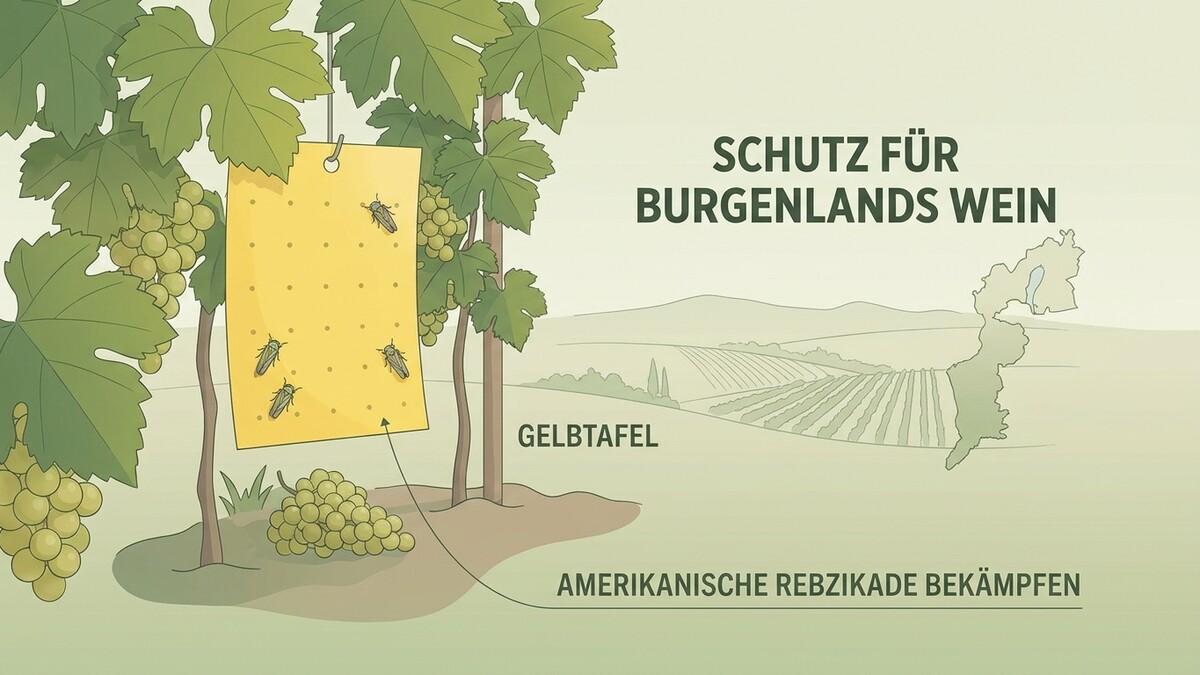 Gelbtafel mit amerikanischen Rebzikaden im burgenländischen Weingarten zur Schädlingsbekämpfung