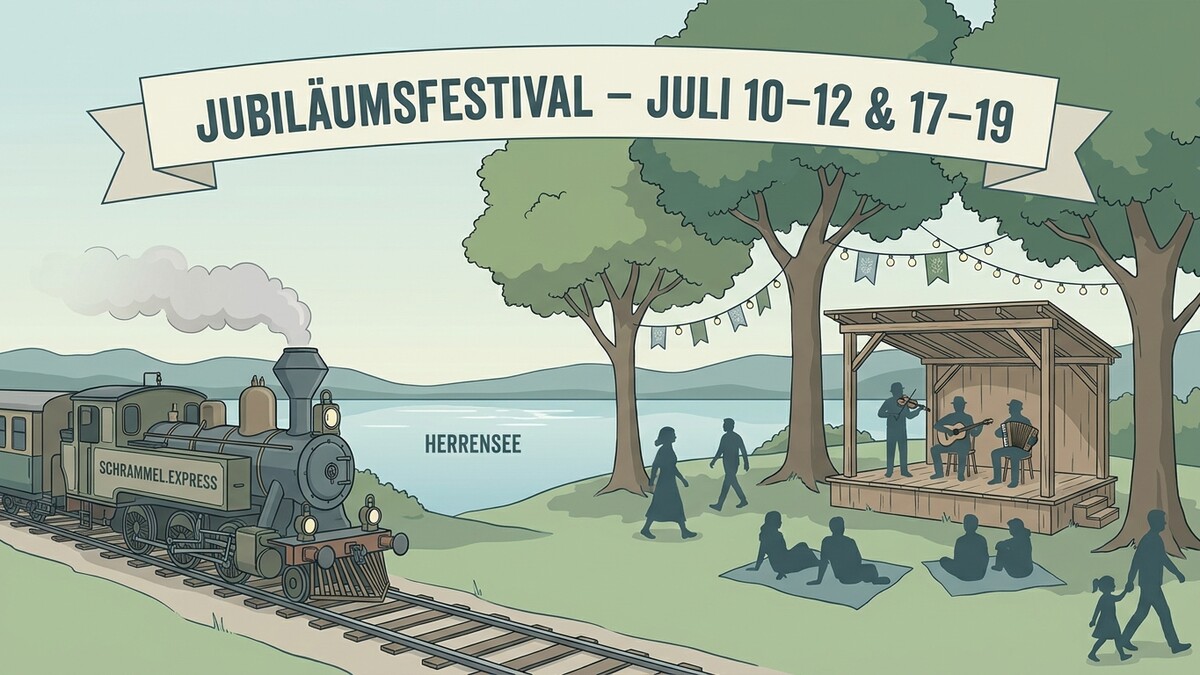 Jubiläumsfestival am Herrensee mit Dampfzug und Musikern auf Bühne
