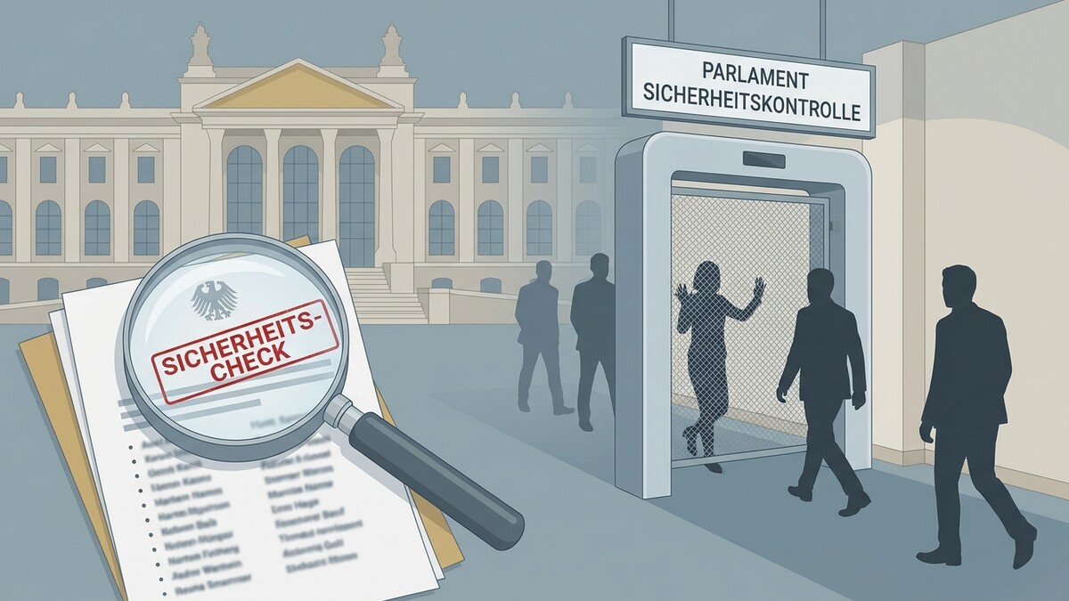 Sicherheitskontrolle im Parlament: Liste mit Lupe und Personen beim Einlass