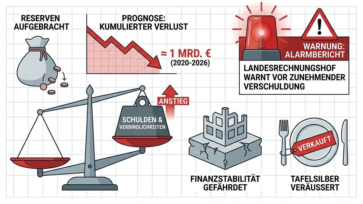 Landesrechnungshof warnt vor Schulden: Grafik zeigt leere Reserven, Verlustprognose, Schuldenanstieg, gefährdete Finanzstabilität und Tafelsilber-Verkauf.