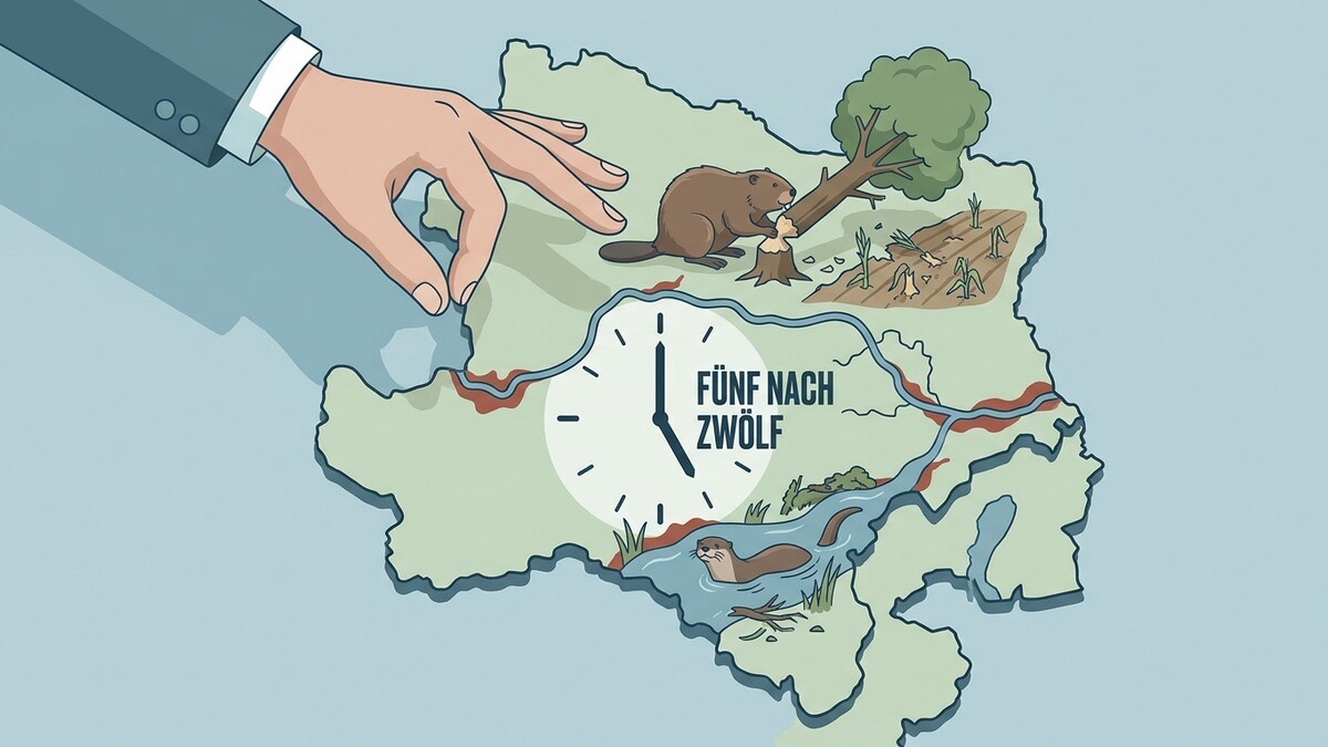 Hand über Österreich, Biber fällt Baum, Feld mit Mais, Uhr 5 nach 12, Otter in Fluss