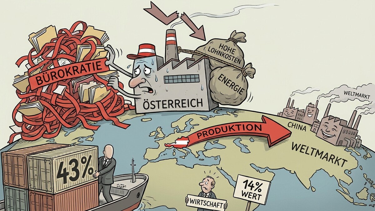 Karikatur: Österreich kämpft mit Bürokratie und hohen Kosten, während China im Weltmarkt produziert.