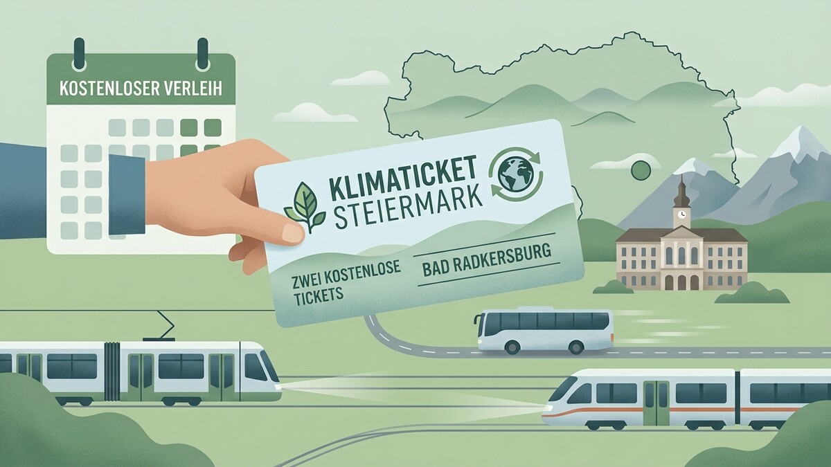Klimaticket Steiermark mit Bad Radkersburg auf einem Ticket vor einer Berglandschaft mit Zug und Bus