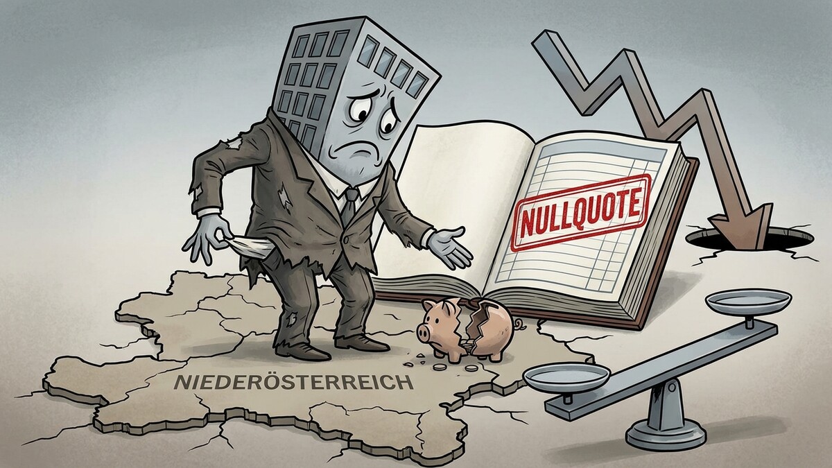 Niederösterreich mit leerem Sparschwein und Nullquote-Buch, trauriges Gebäude mit leeren Hosentaschen.