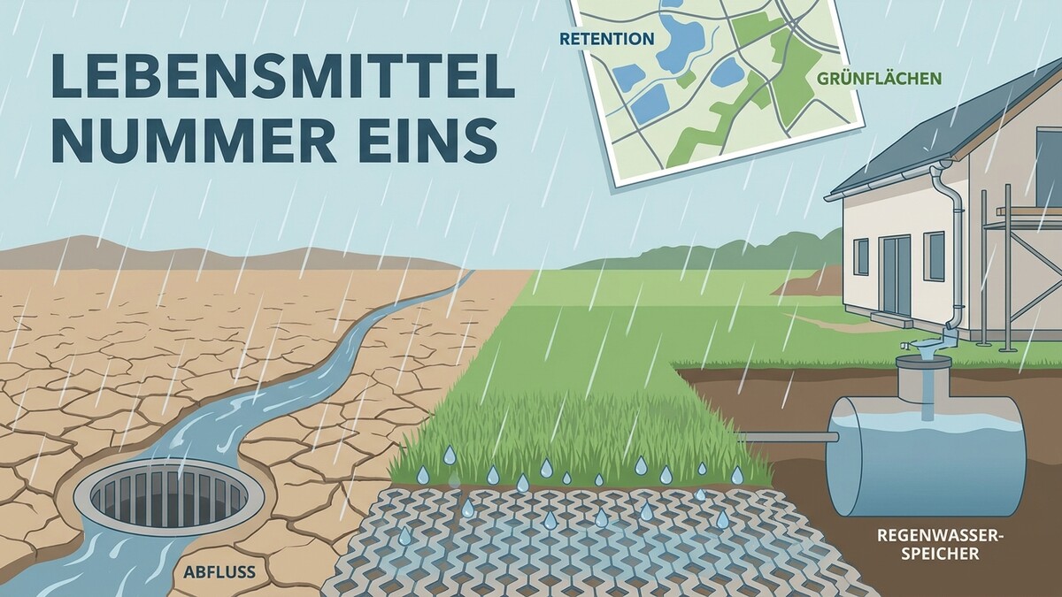 Regenwassernutzung: Versickerung und Speicherung bei Starkregen auf trockener und grüner Fläche.