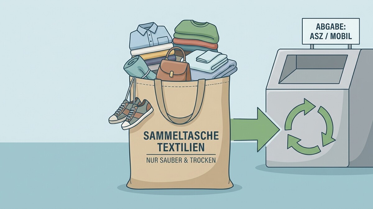 Sammeltasche mit Kleidung, Schuhen und Handtasche vor einem Container zur Textilabgabe.