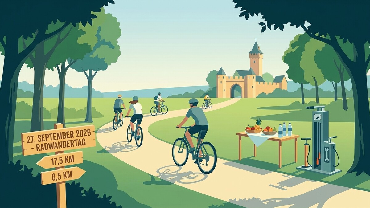 Radwandertag 27. September 2026: Radfahrer auf einem Weg mit Schloss und Verpflegungsstation