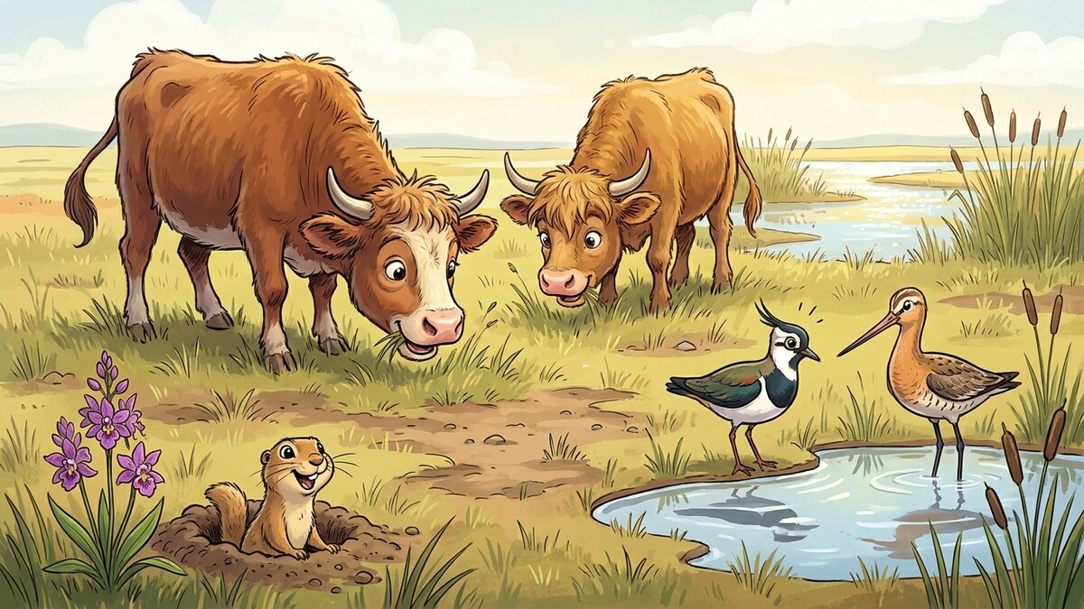 Zwei Kühe auf einer Wiese mit einem Murmeltier und zwei Vögeln an einem Teich