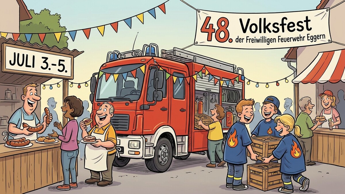 Volksfest Eggern mit Feuerwehrauto und Besuchern, die Würstel und Getränke genießen